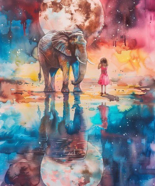 watercolor colorful elephant with little girl in the savannah in the style of water and moon reflection, fantasy magical vibrant highly detailed --ar 2:3 Job ID: e731d9e3-8e0c-48ac-9d6a-0a4e1c802775
